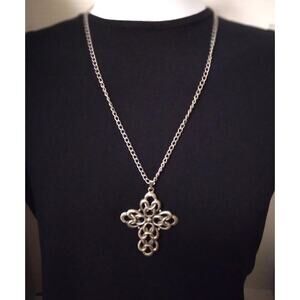 Vintage Sarah Coventry Cross Necklace Silvertone Statement Pendant 0pen Design